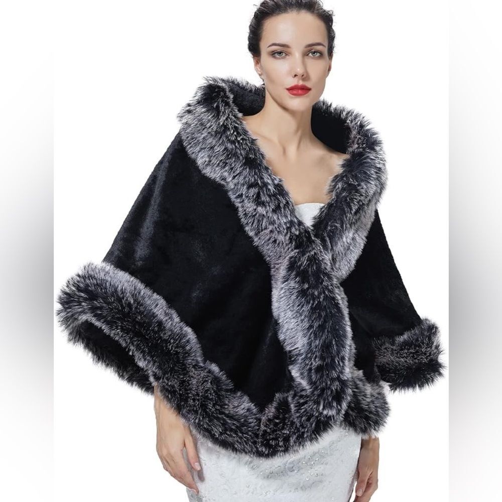 Women's Party Faux Fox Fur Long Shawl Cloak Cape Coat OS
